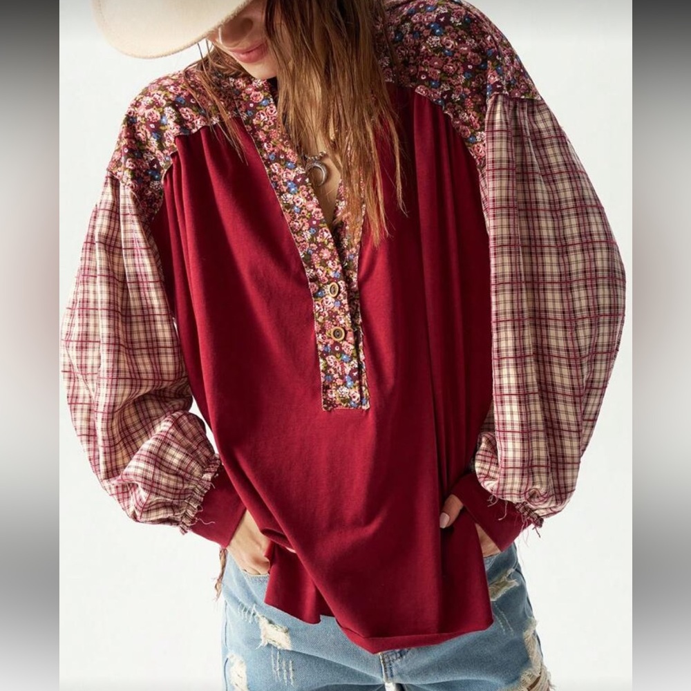 Red And Plaid Patchwork Blouse - image 3